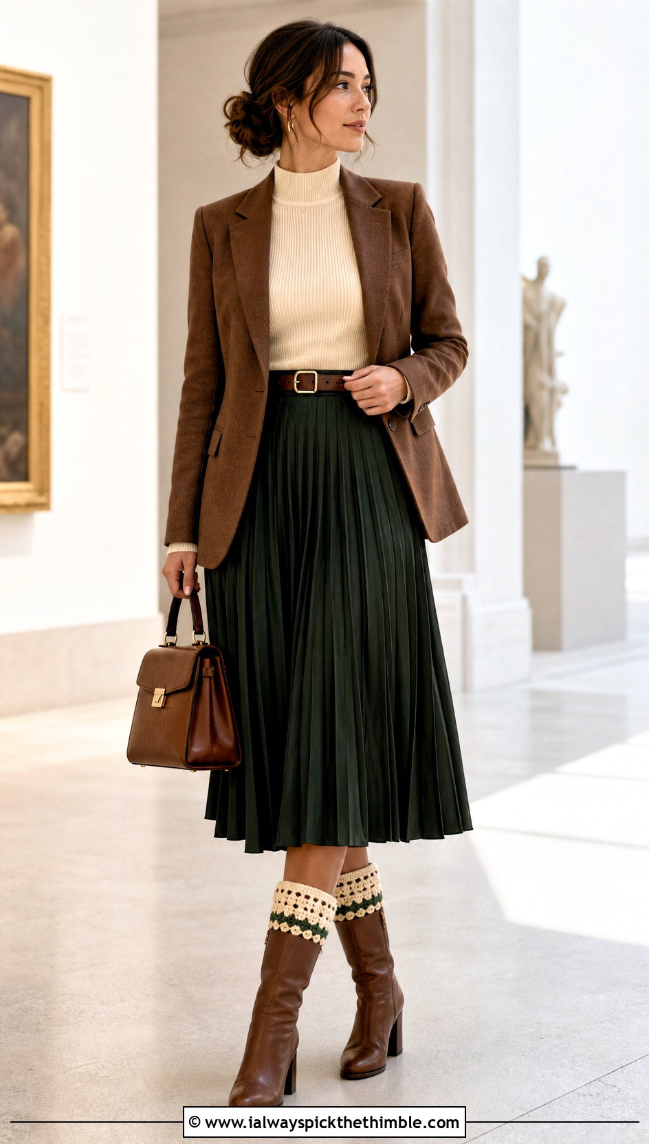 Crochet Cuff Boots With A Pleated Midi Skirt - 15 white and brown crochet boots outfit ideas