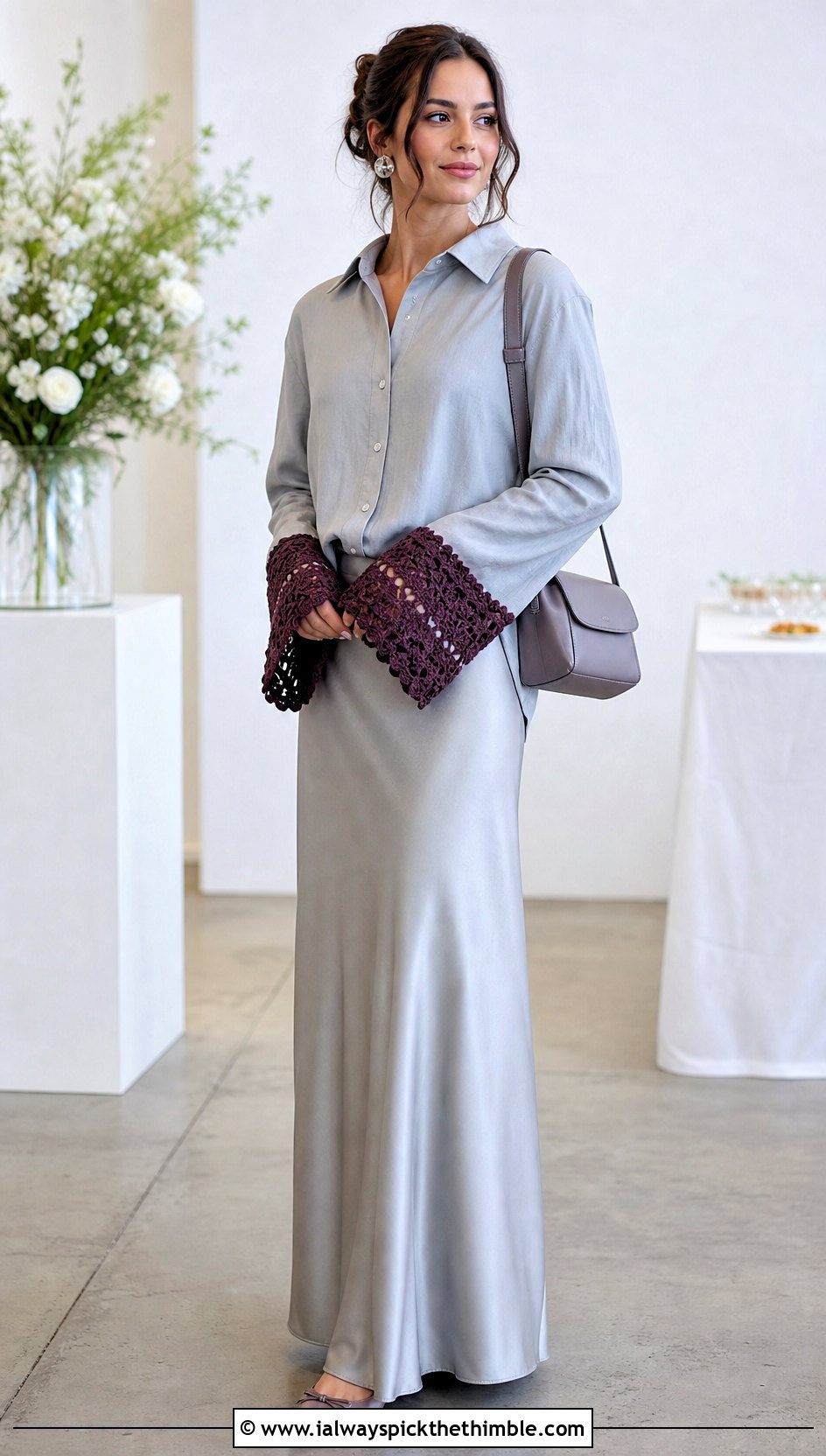 Crochet Cuff Upcycled Shirt With Satin Maxi Skirt - 20 Upcycle Shirt With Crochet outfit ideas