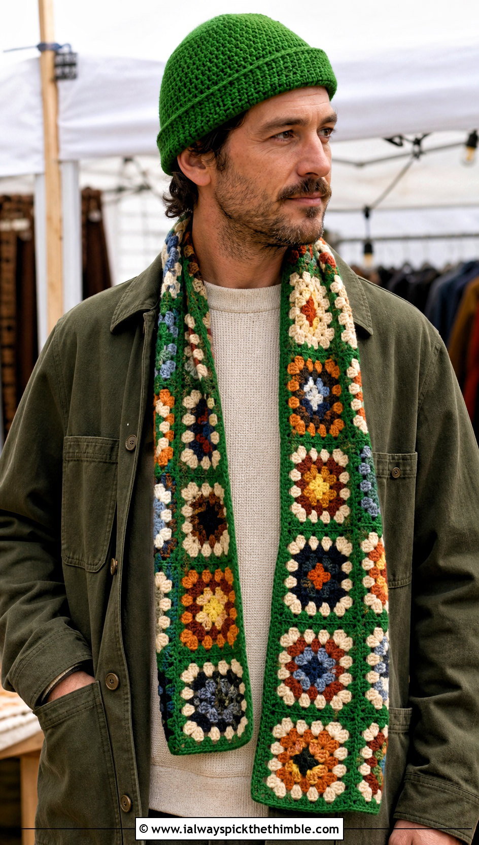 Crochet Cuffed Beanie And Granny Square Scarf With Chore Coat - 20 Crochet Mens Hat And Scarf outfit ideas