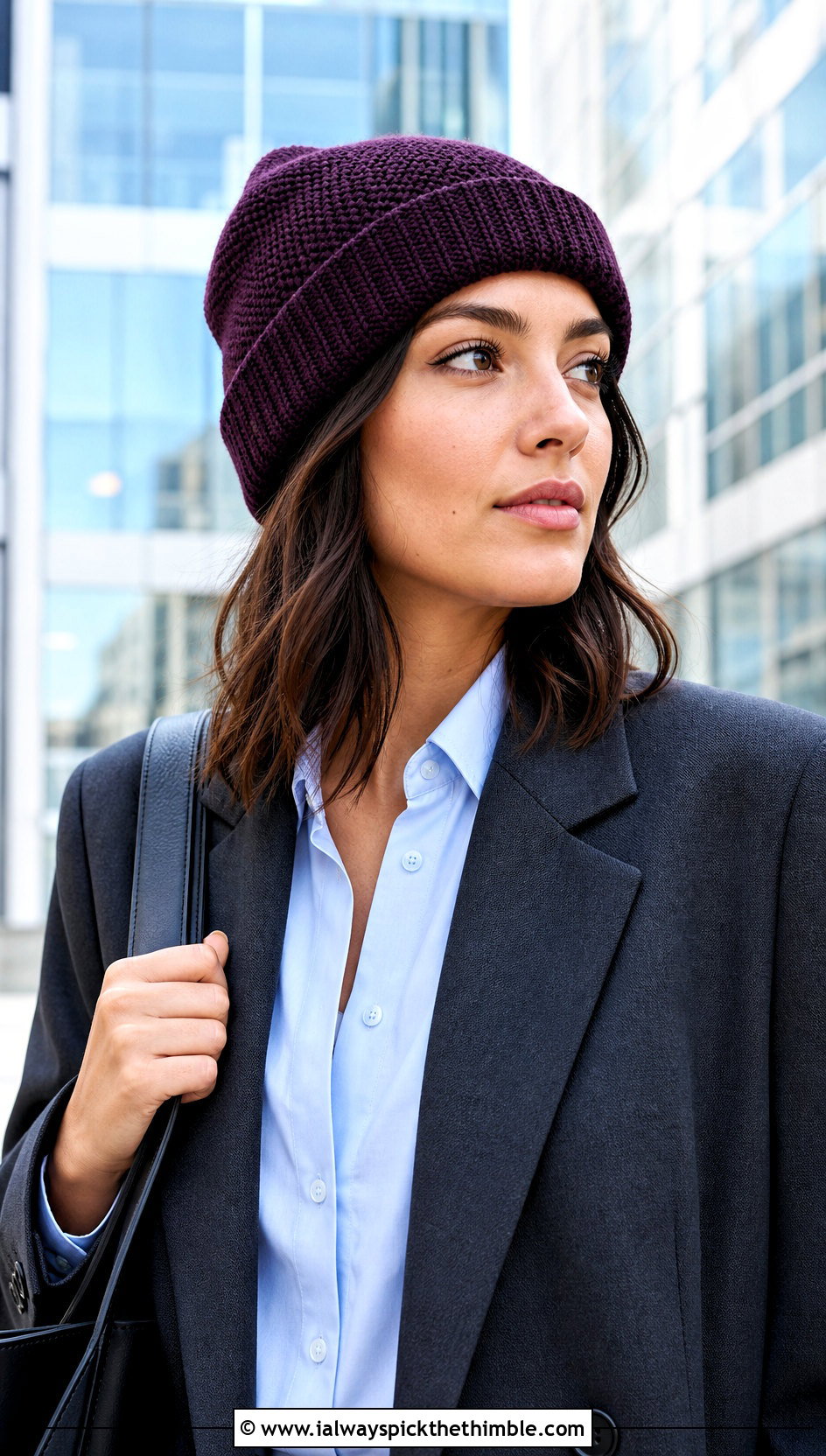 Crochet Cuffed Beanie With Blazer and Tailored Trousers - 25 crochet adult hats outfit ideas