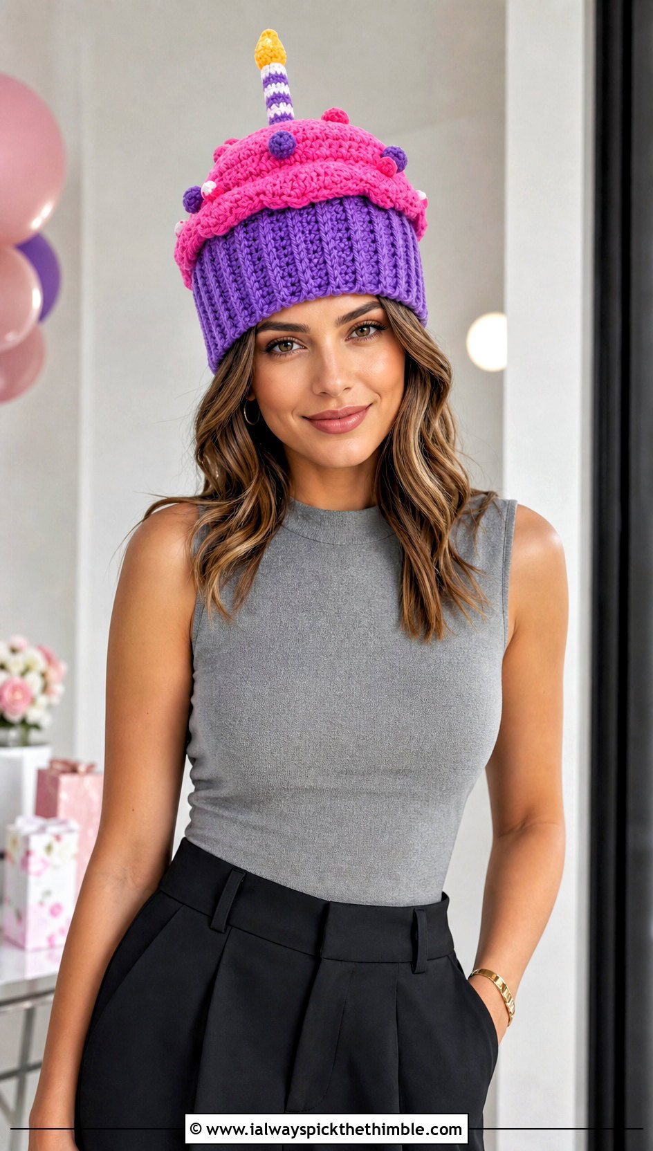 Crochet Cupcake Birthday Hat With Wide Leg Pants - 20 Birthday Crochet Hat outfit ideas