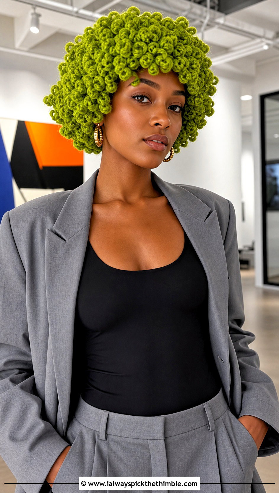 Crochet Curly Afro Wig Hat With Blazer And Wide Leg Trousers - 20 Crochet Wig Hat outfit ideas