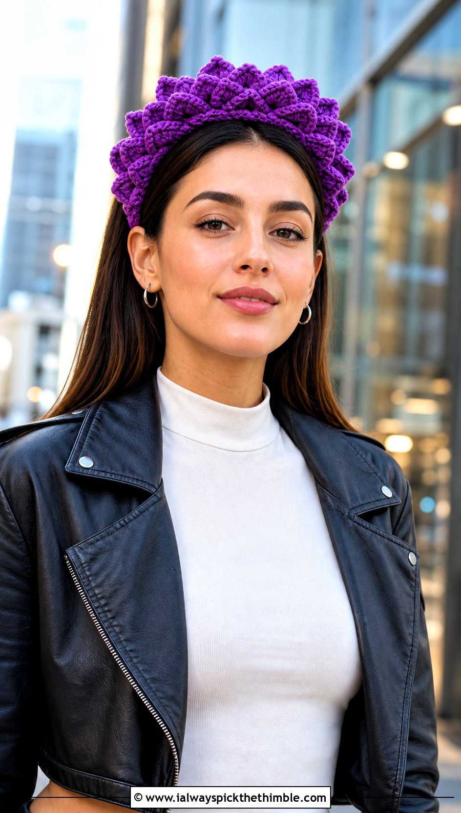 Crochet Dahlia Padded Headband With Leather Jacket - 15 crochet flower headband and clip outfit ideas