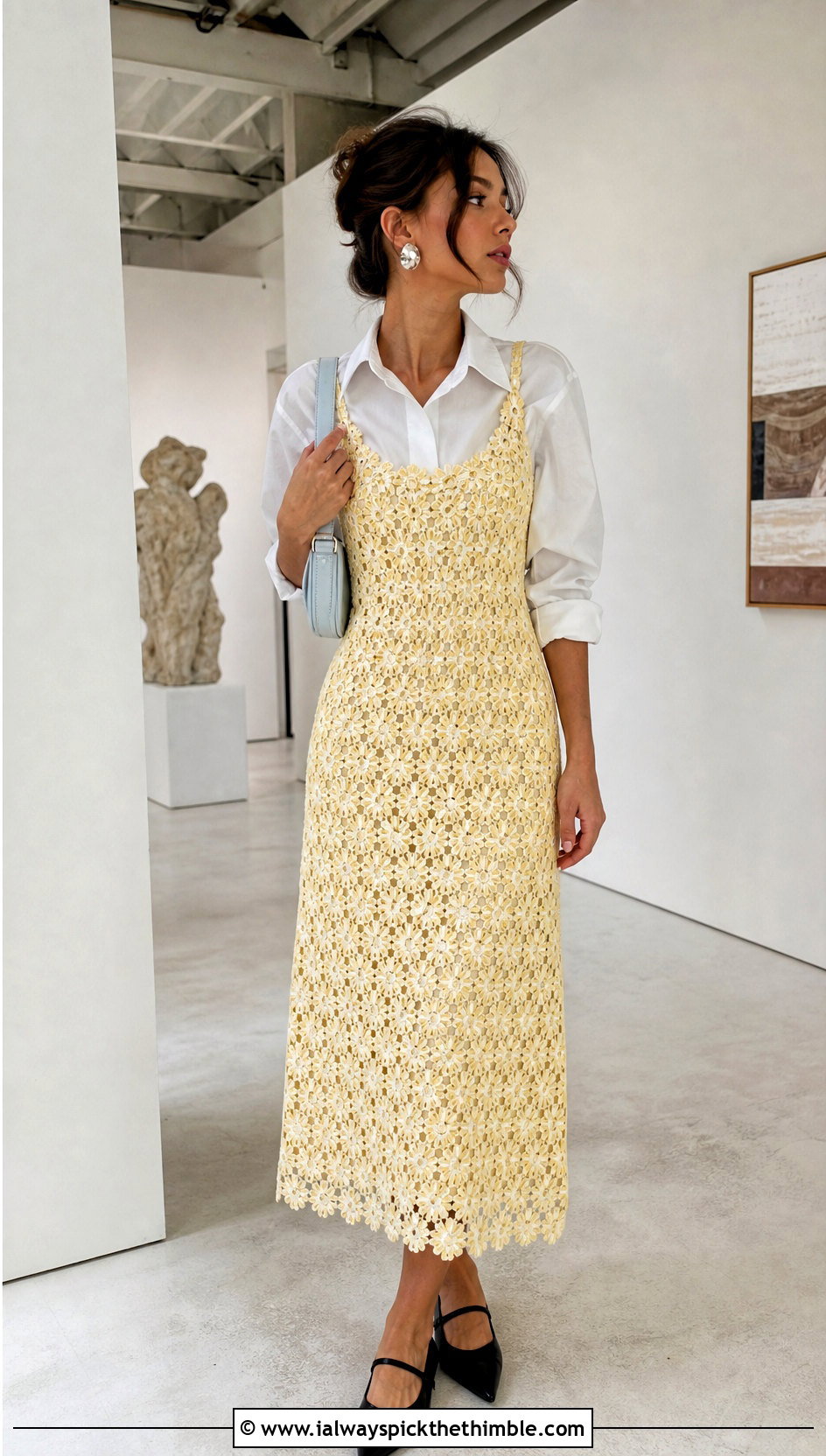 Crochet Daisy Slip Dress With White Button Down Shirt - 15 Crochet Daisy Dress outfit ideas