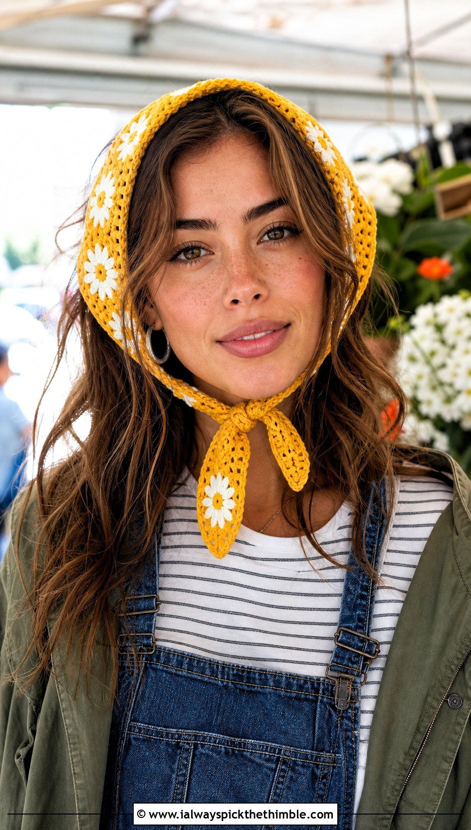 Crochet Daisy Tie Headband With Denim Overalls - 15 crochet flower headband and clip outfit ideas