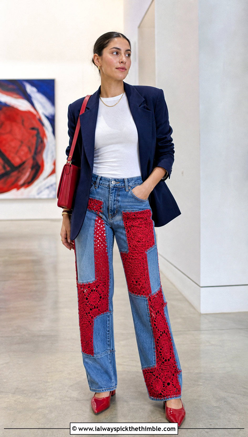 Crochet Denim Hybrid Patchwork Pants With Blazer - 15 Crochet Patchwork Pants outfit ideas