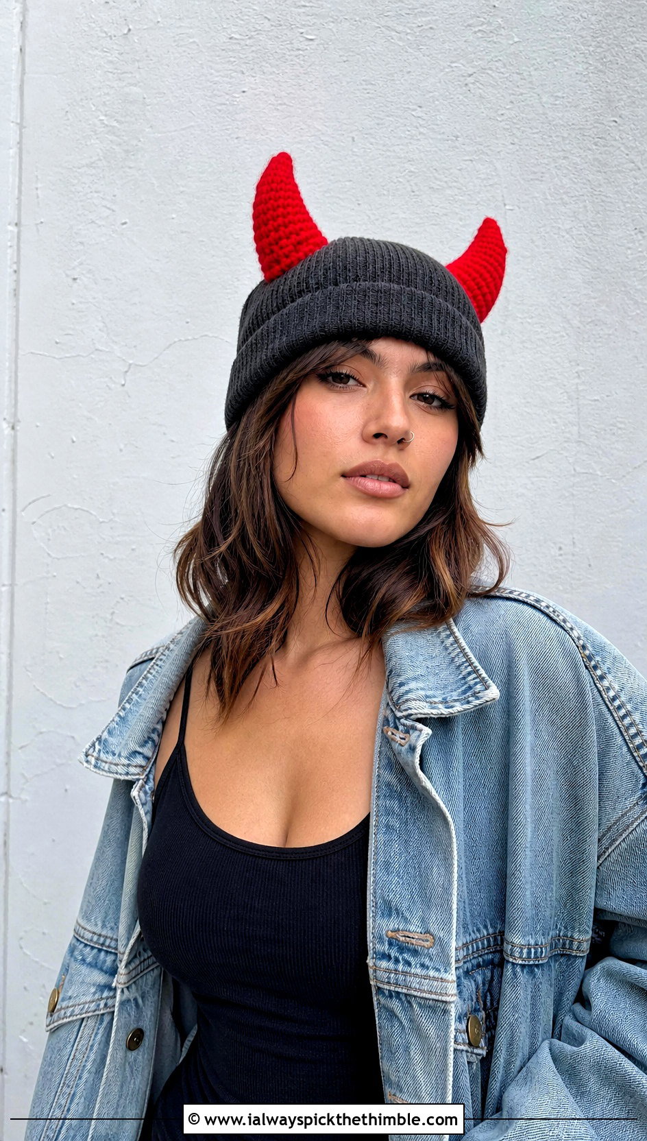 Crochet Devil Horn Hat Topper With Denim Streetwear - 20 Crochet Hat Toppers Ideas