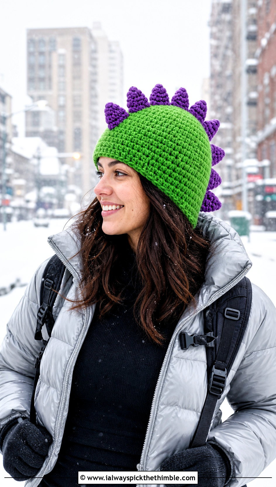 Crochet Dinosaur Spike Beanie With Puffer Jacket - 20 Crochet Silly Hats outfit ideas