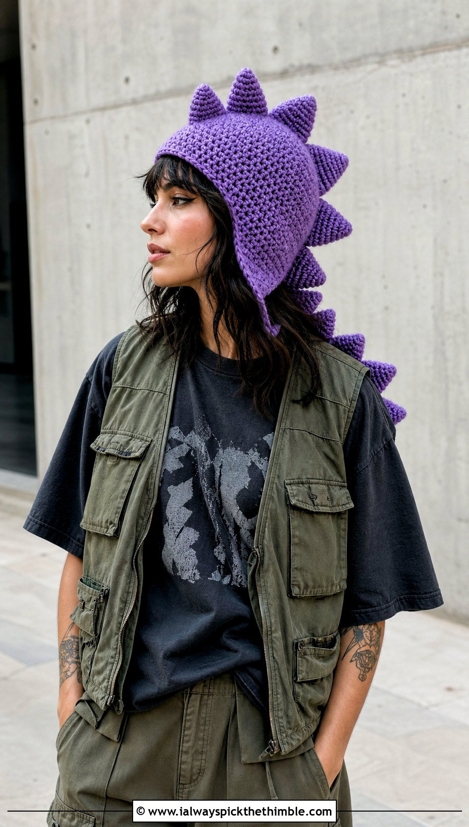 Crochet Dinosaur Spike Hat With Cargo Streetwear - 25 crochet character hats outfit ideas
