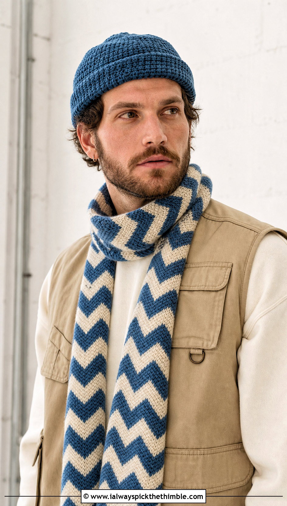 Crochet Docker Beanie And Chevron Scarf With Utility Vest - 20 Crochet Mens Hat And Scarf outfit ideas