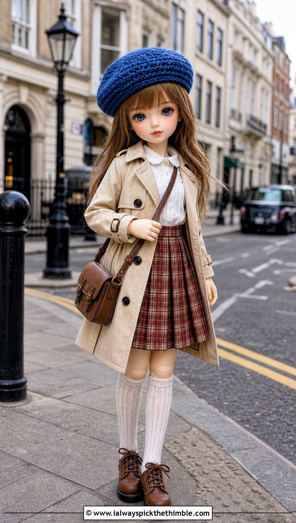 Crochet Doll Beret With Trench Coat And Plaid Skirt - 15 Crochet Doll Clothes English outfit ideas