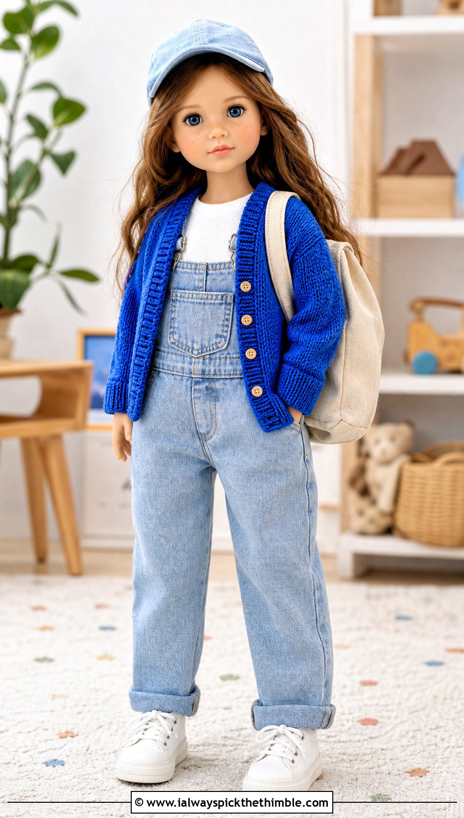 Crochet Doll Cardigan With Denim Overalls - 15 Crochet Doll Clothes English outfit ideas