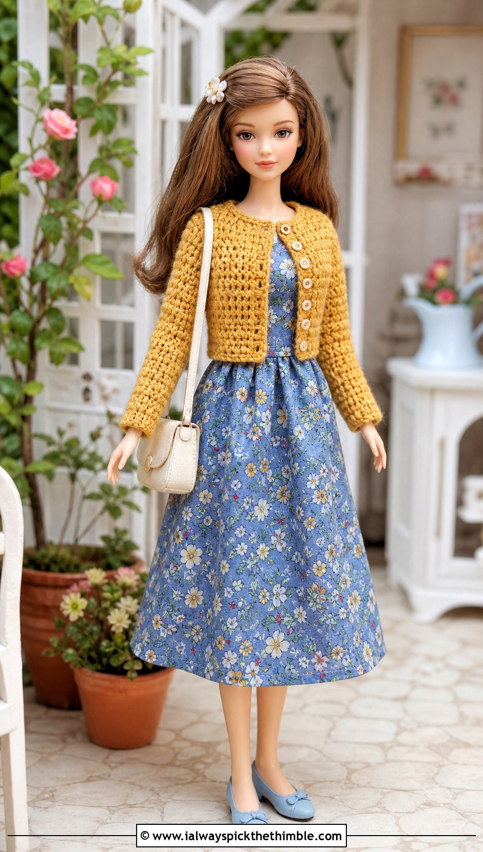 Crochet Doll Cardigan With Floral Midi Dress - 20 Crochet Mini Doll Clothes and outfit ideas