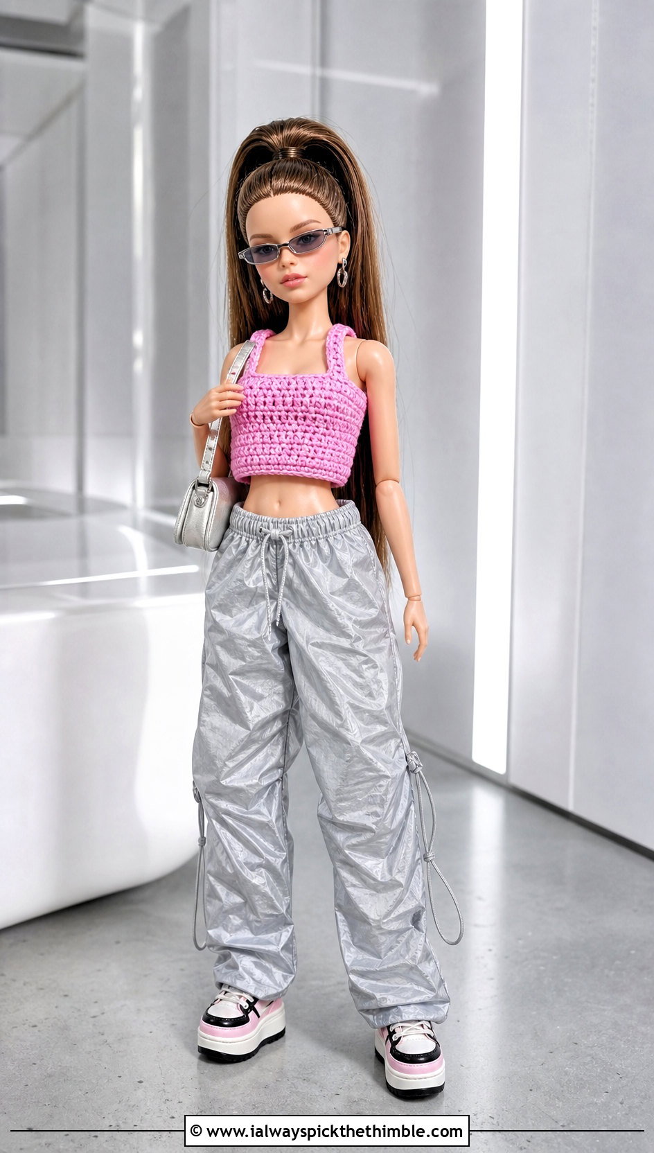 Crochet Doll Crop Top With Parachute Pants - 20 Crochet Mini Doll Clothes and outfit ideas