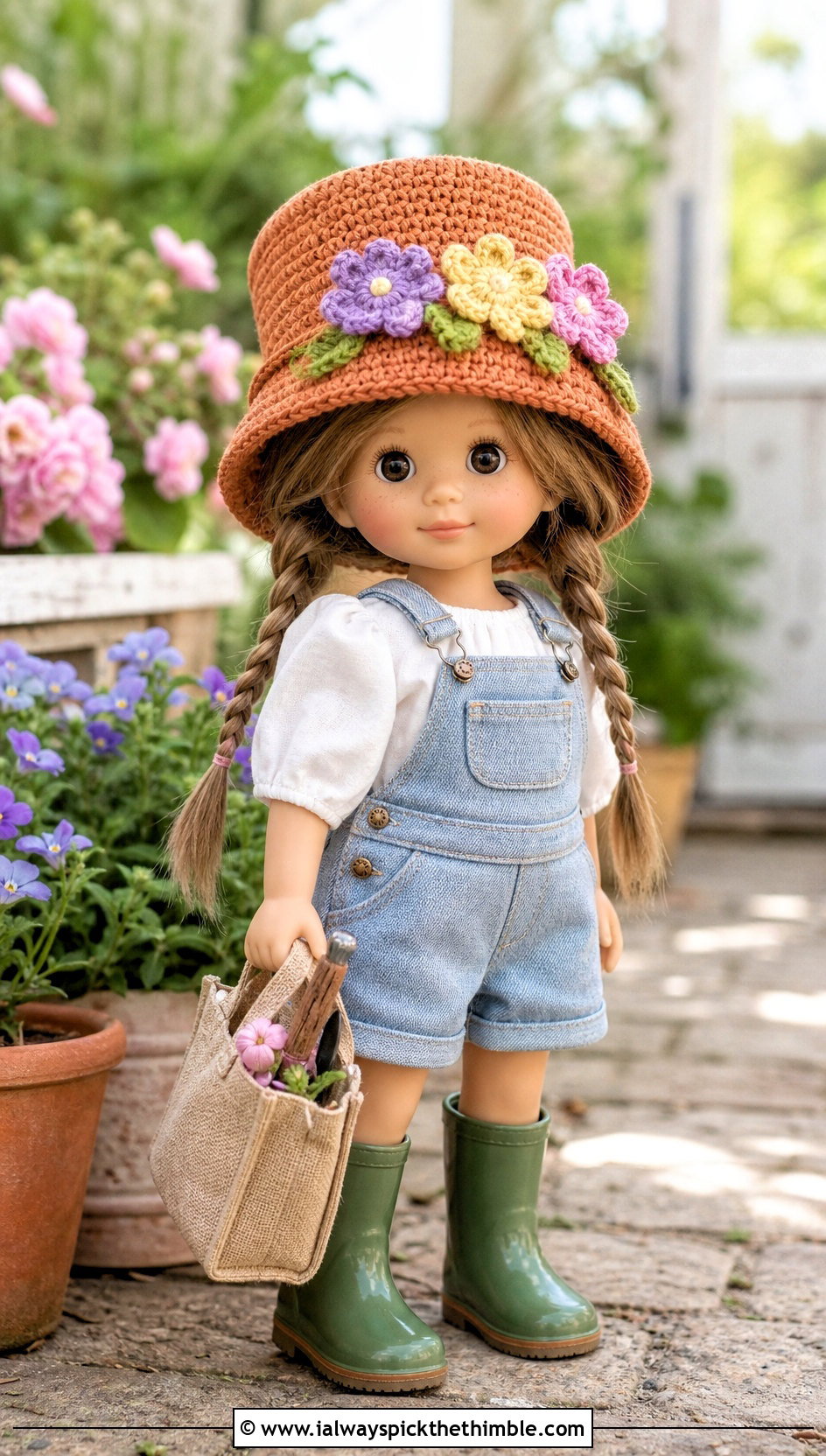 Crochet Doll Flower Pot Hat With Garden Overalls - 25 crochet doll hats outfit ideas
