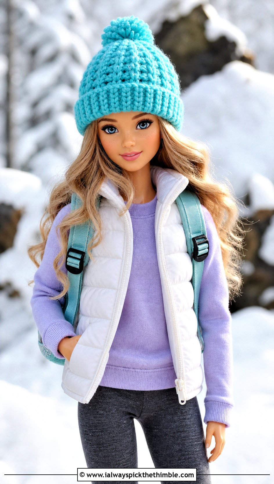 Crochet Doll Pom Pom Beanie With Puffer Vest - 25 crochet doll hats outfit ideas