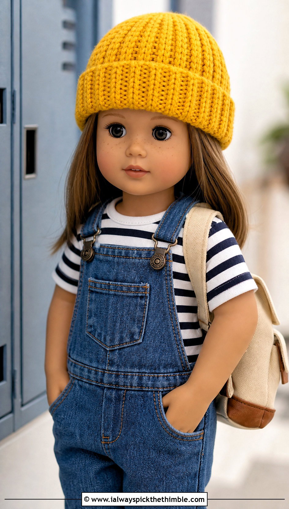 Crochet Doll Ribbed Beanie With Denim Overalls - 25 crochet doll hats outfit ideas