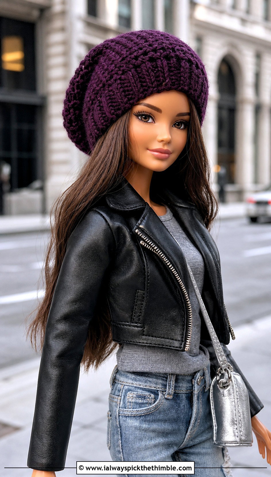 Crochet Doll Slouchy Beanie With Leather Jacket - 25 crochet doll hats outfit ideas