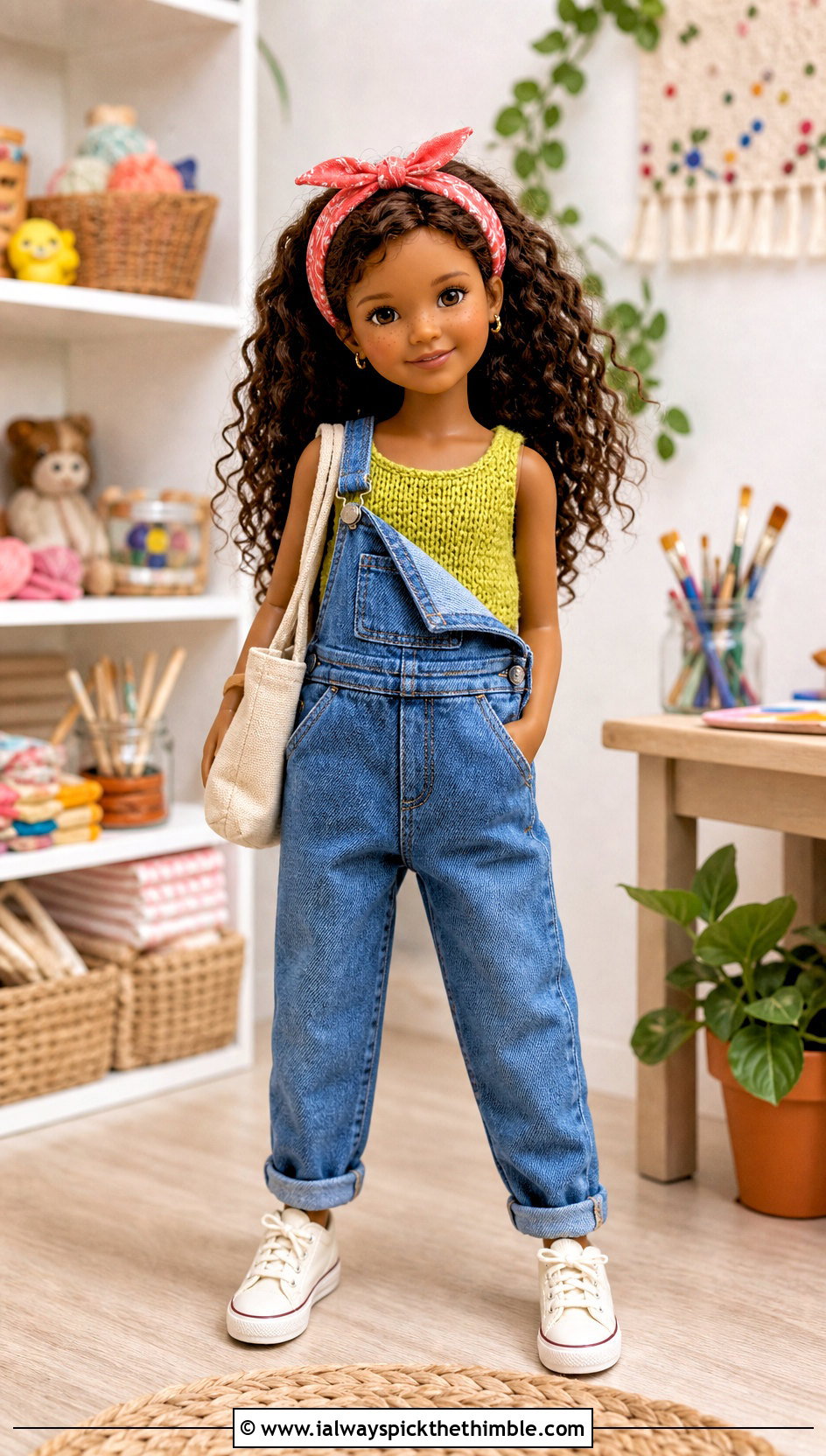 Crochet Doll Tank Top With Denim Overalls - 20 Crochet Mini Doll Clothes and outfit ideas