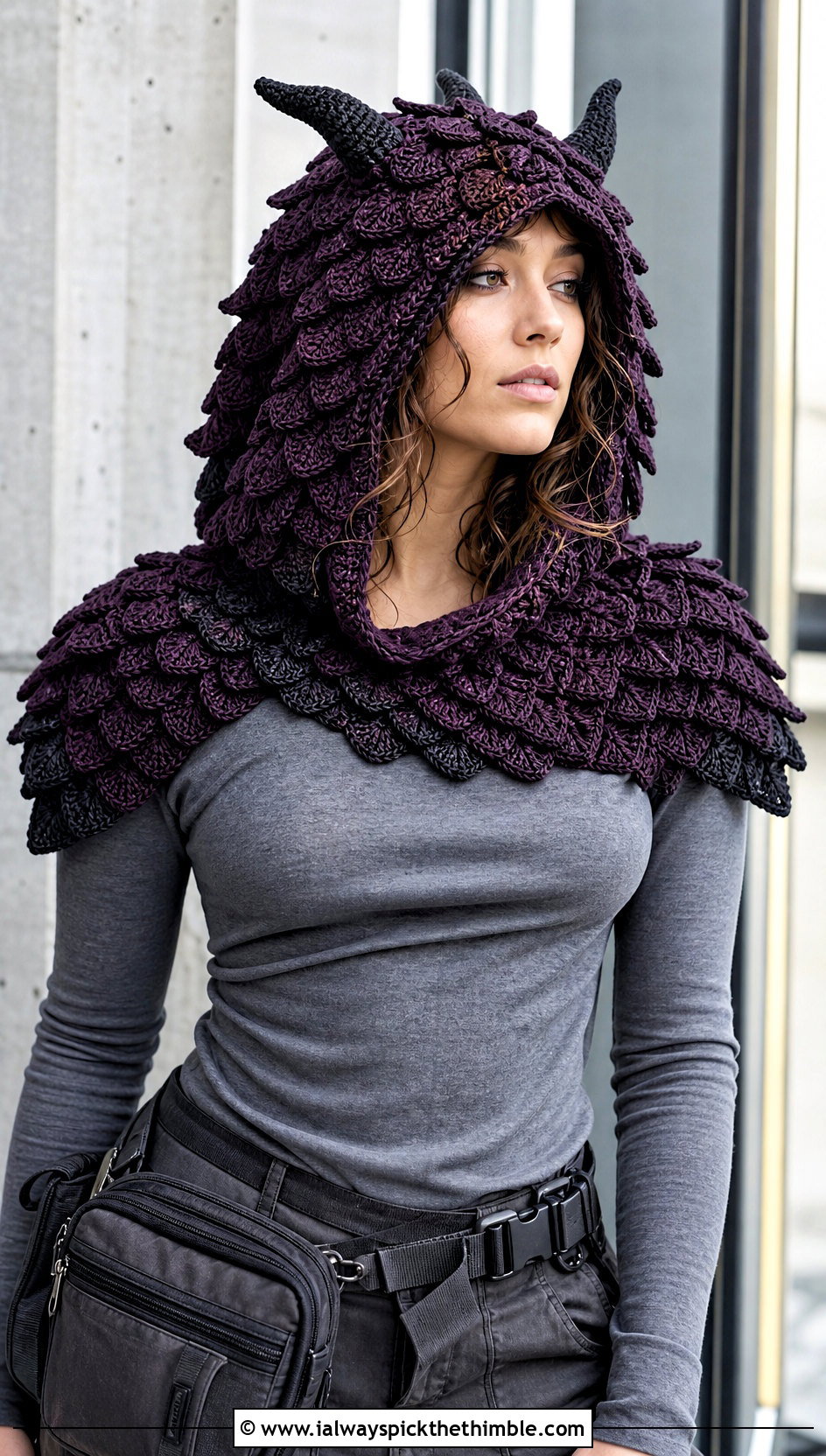 Crochet Dragon Scale Hood Costume With Cargo Pants - 15 Crochet Costume outfit ideas