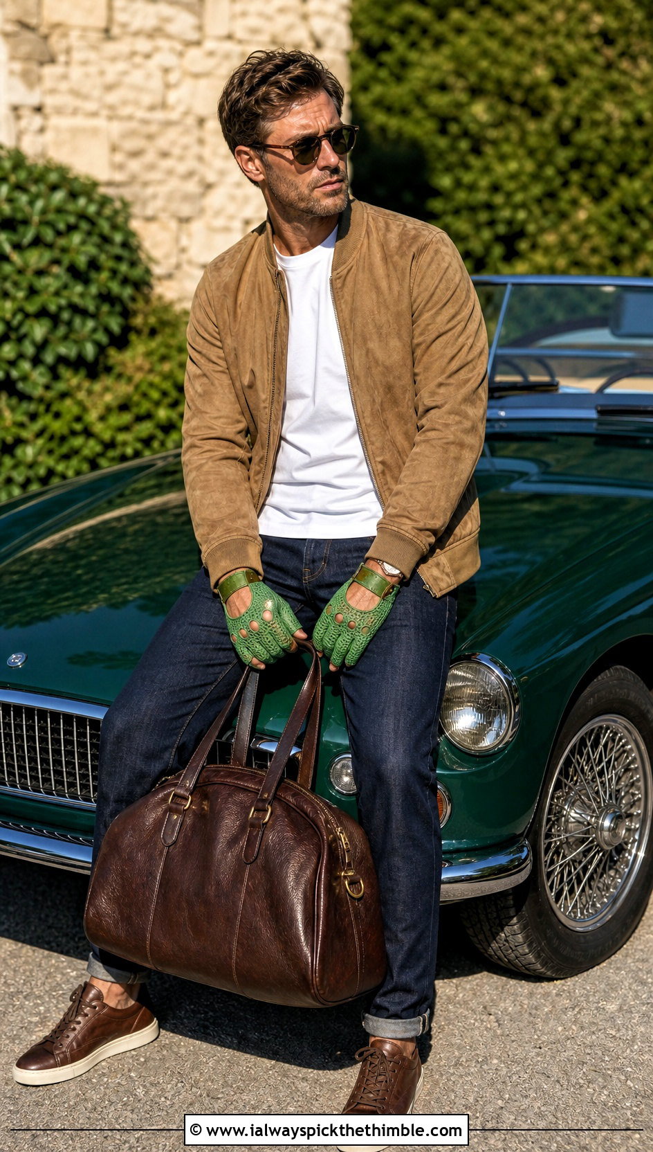Crochet Driving Gloves With Suede Jacket - 25 men crochet gloves outfit ideas