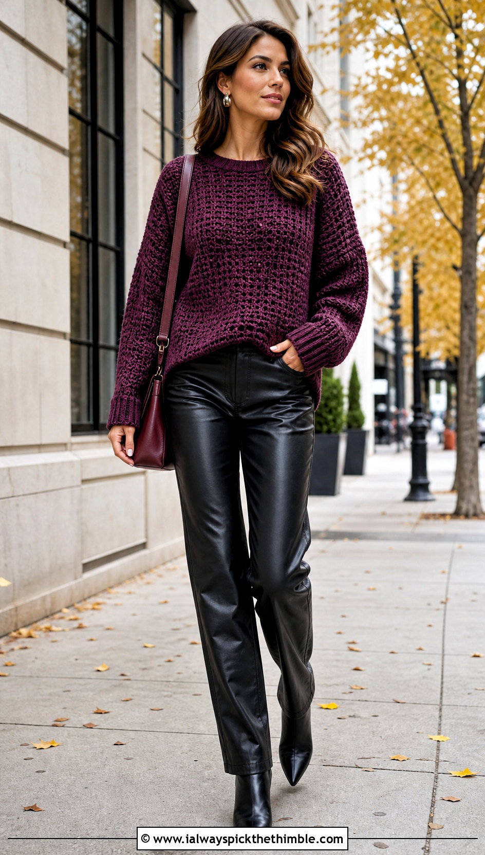Crochet Drop Shoulder Sweater With Leather Pants - 20 Crochet For Beginners Clothes and outfit ideas
