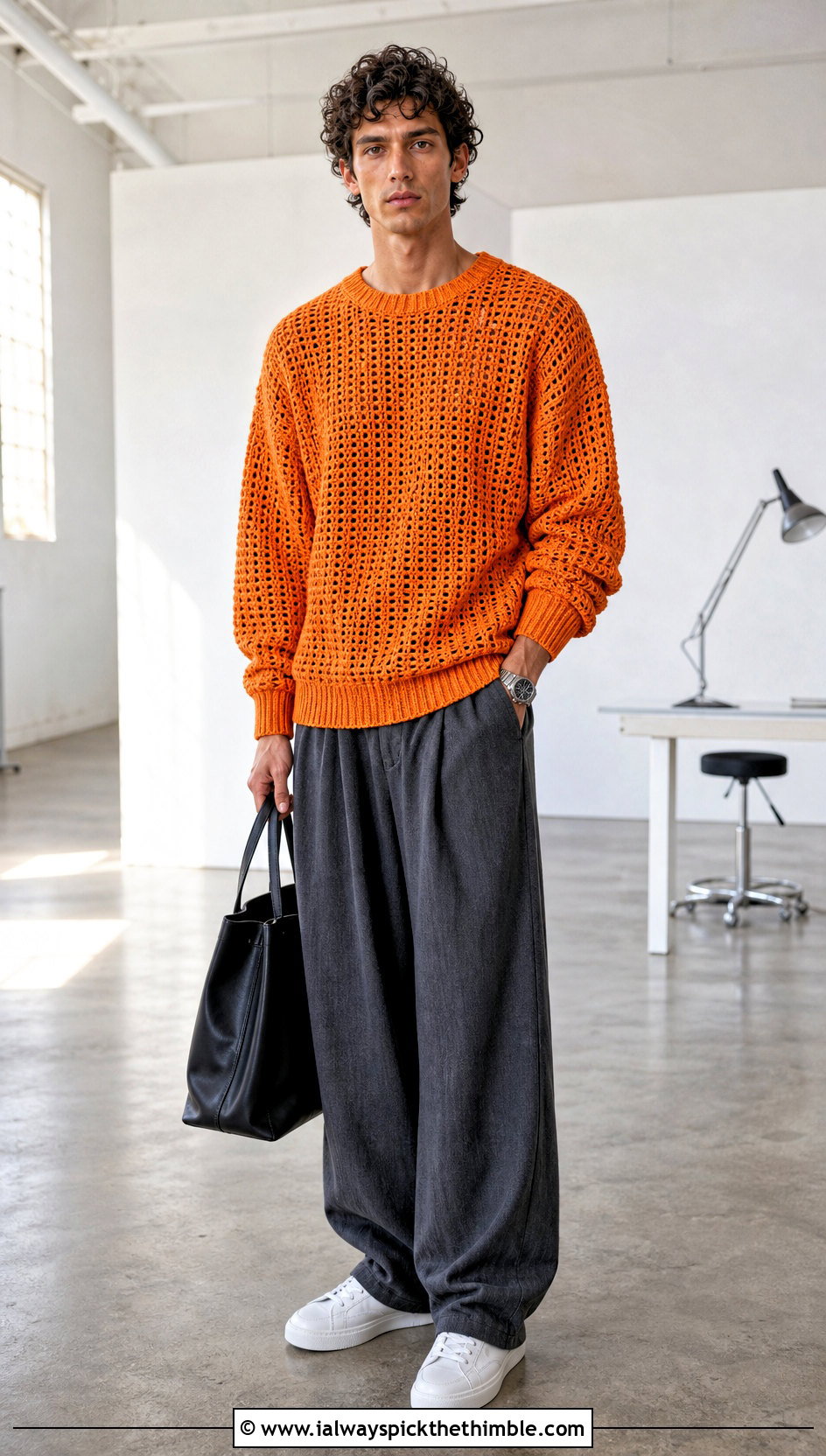 Crochet Drop Shoulder Sweater With Wide Leg Pants - 15 Crochet Mens Sweaters outfit ideas