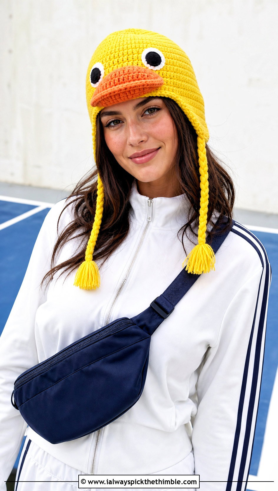 Crochet Duck Hat With Sporty Track Pants - 20 Crochet Silly Hats outfit ideas