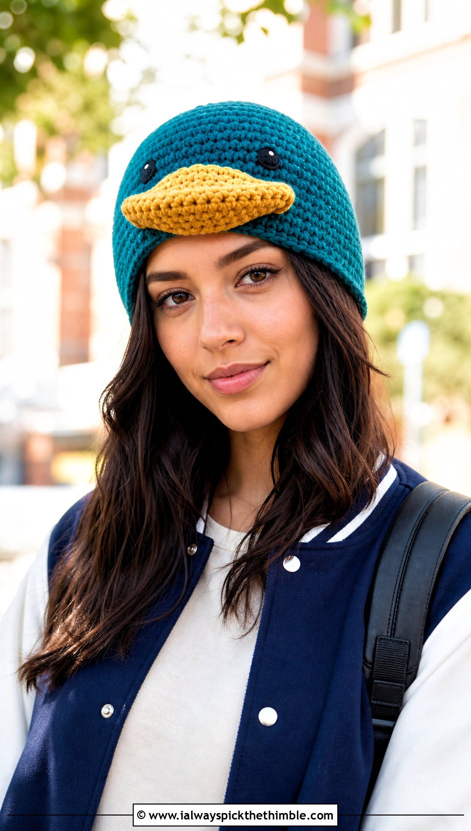 Crochet Duck Hat With Varsity Jacket - 20 Crochet Character Hat outfit ideas