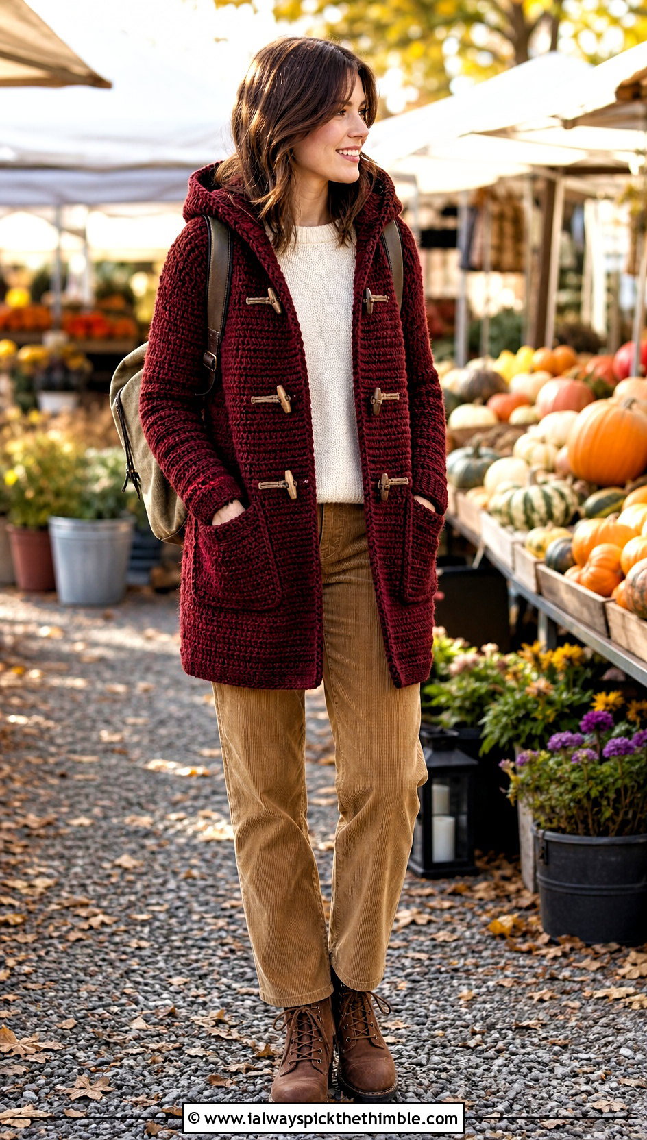 Crochet Duffle Coat With Corduroy Pants - 25 crochet coats outfit ideas