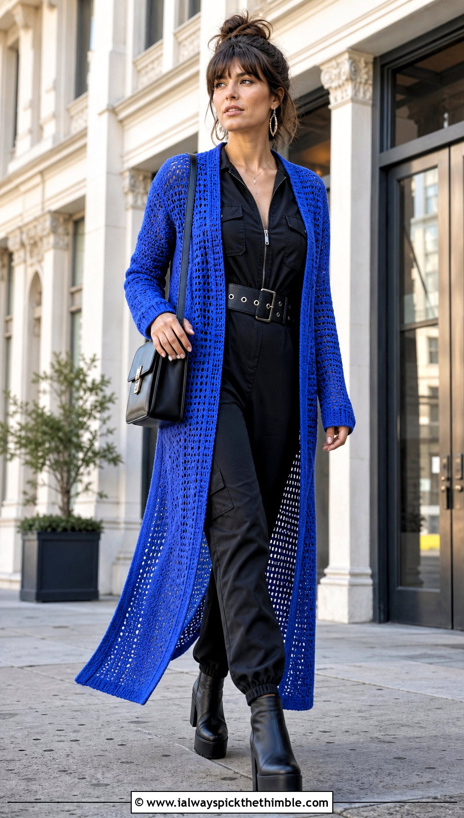 Crochet Duster Cardigan With Jumpsuit And Platform Boots - 20 Fall Crochet Clothes Ideas
