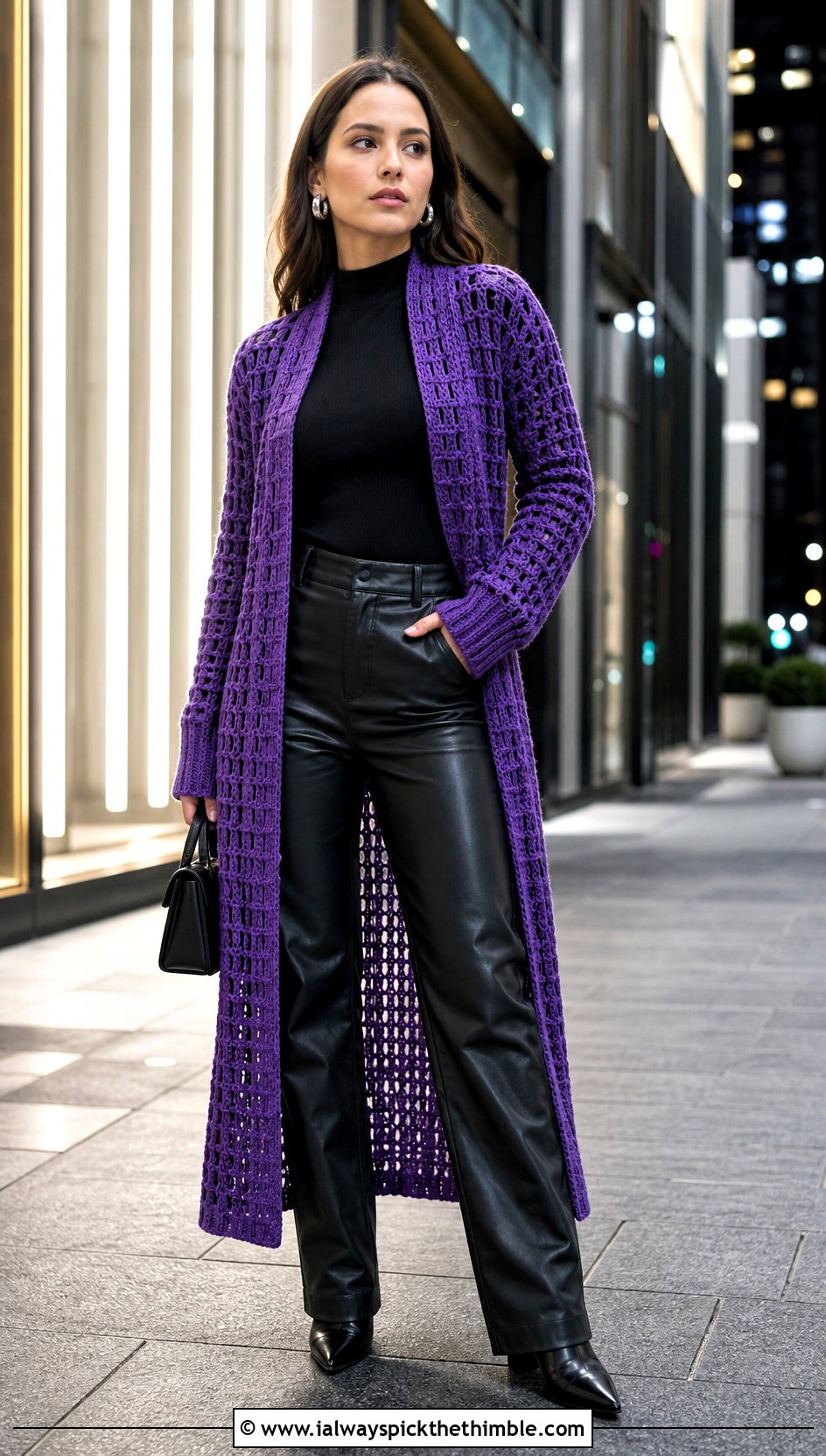 Crochet Duster Cardigan With Leather Pants - 20 elegant crochet cardigan outfit ideas