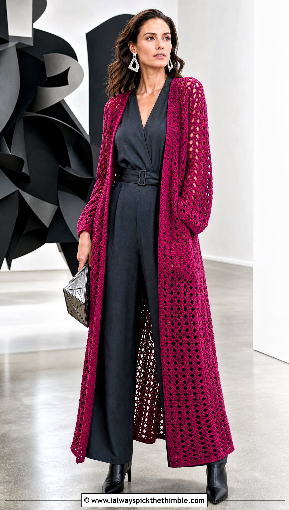 Crochet Duster Cardigan With Monochrome Jumpsuit - 20 Crochet Longline Cardigan outfit ideas