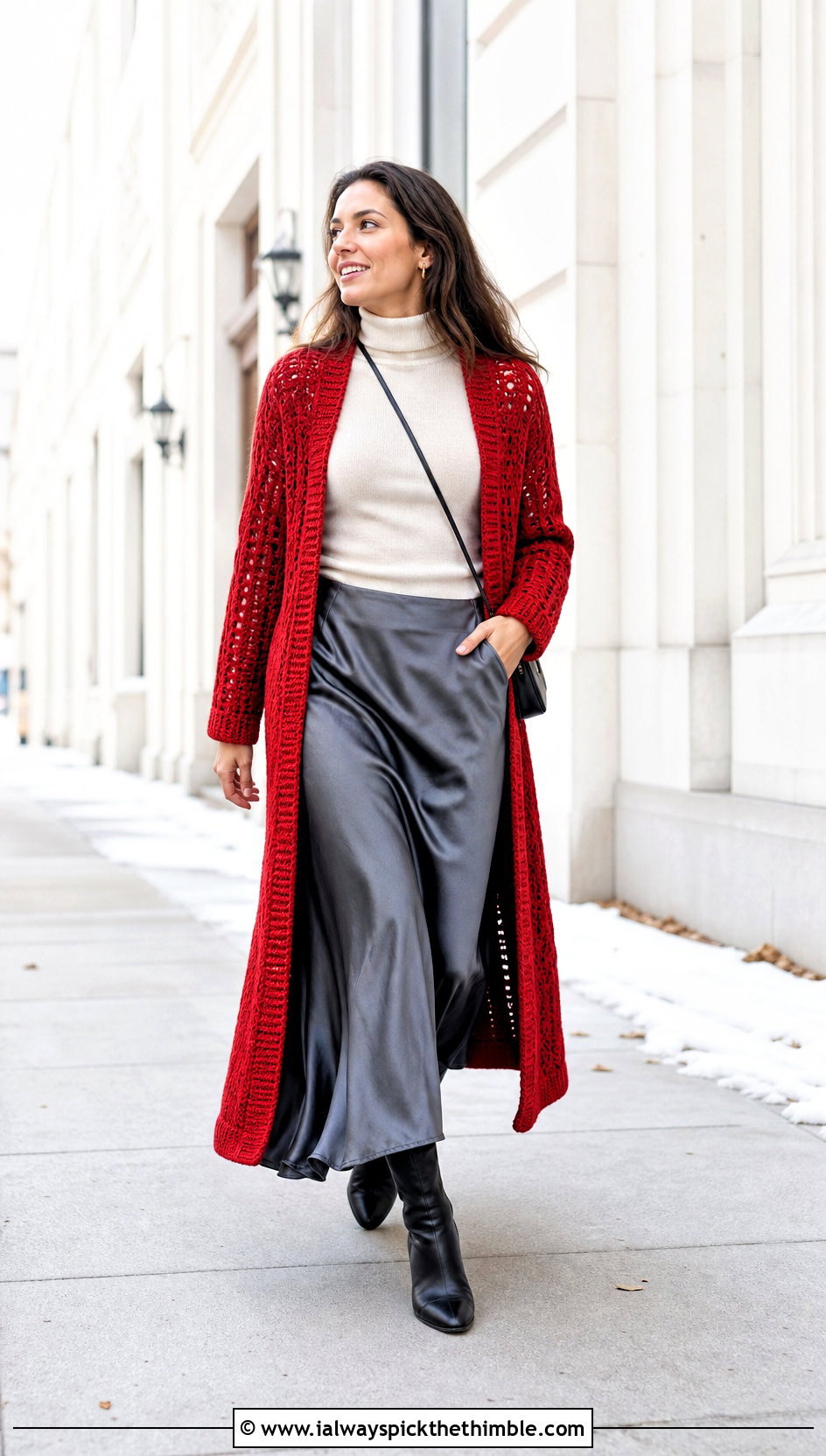 Crochet Duster Cardigan With Satin Maxi Skirt - 20 Winter Crochet Clothes and outfit ideas