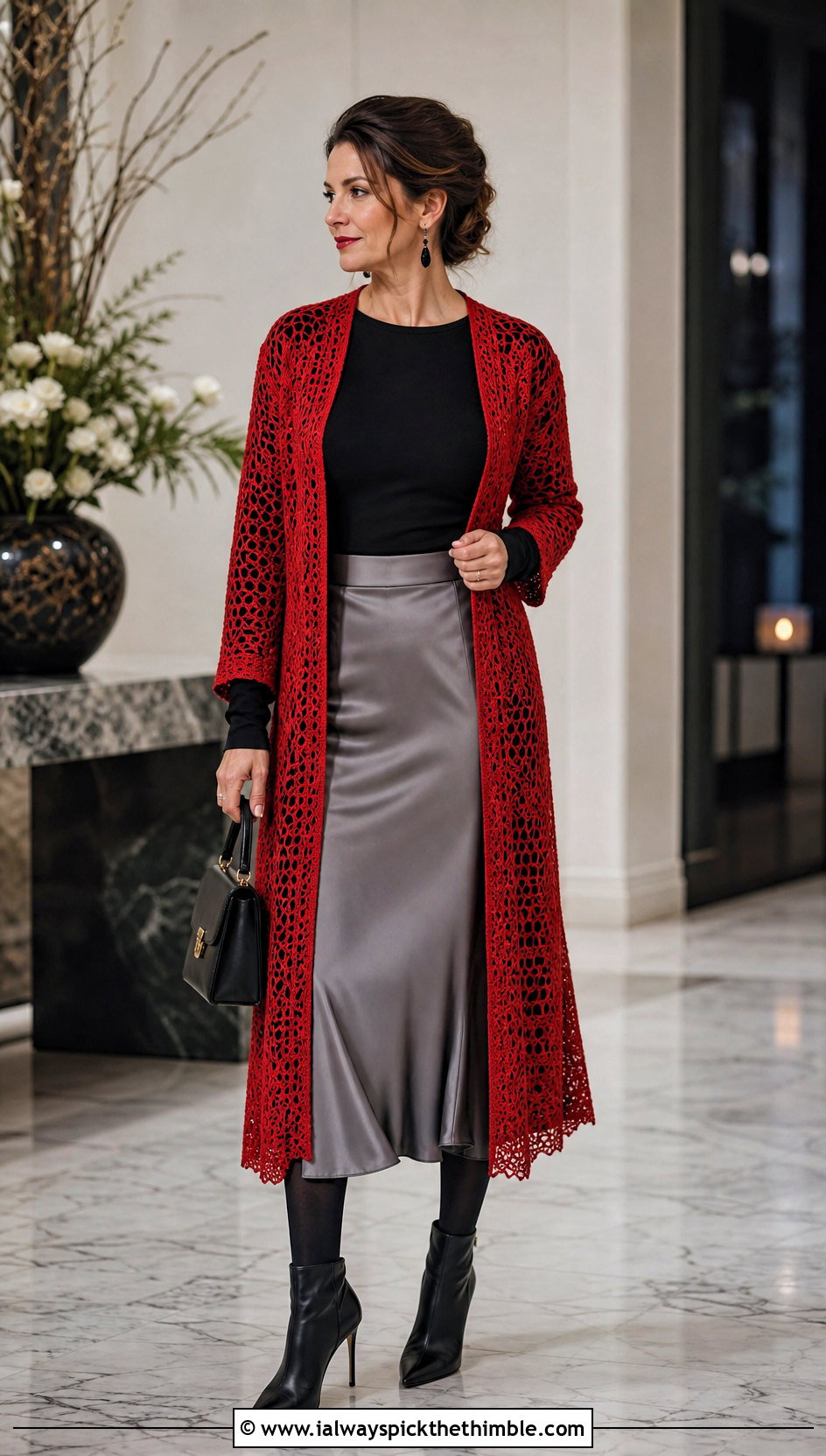 Crochet Duster Cardigan With Satin Slip Skirt - 20 winter crochet outfit ideas