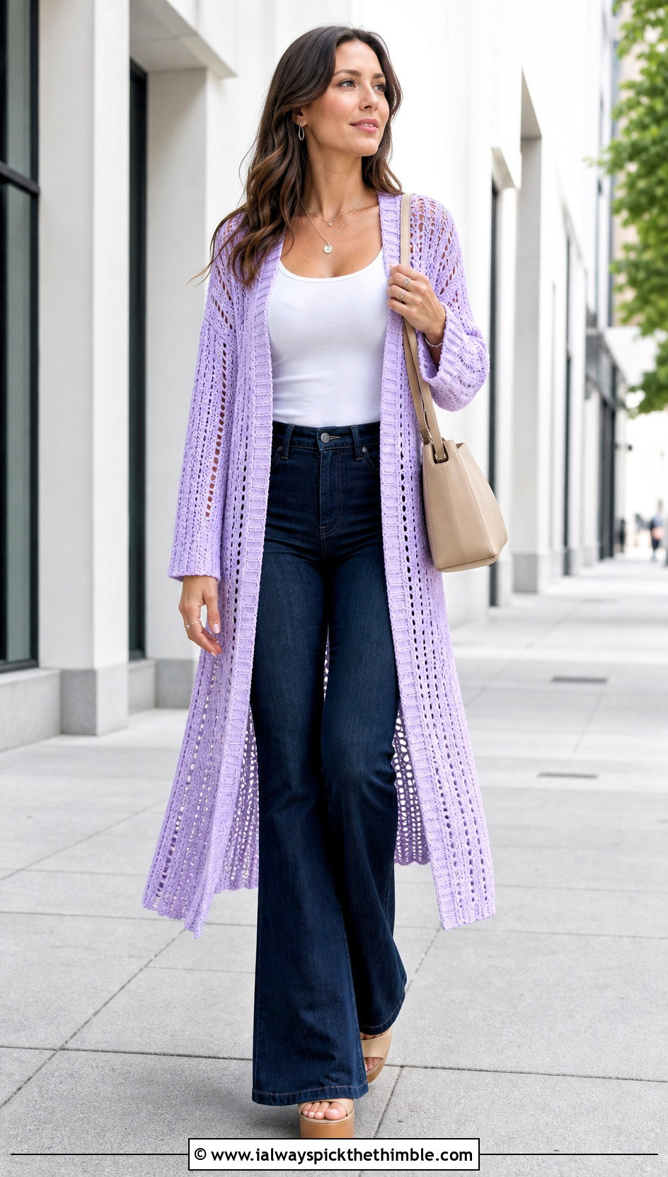 Crochet Duster Cardigan With Tank And Flared Jeans - 20 beginner crochet clothing and outfit ideas