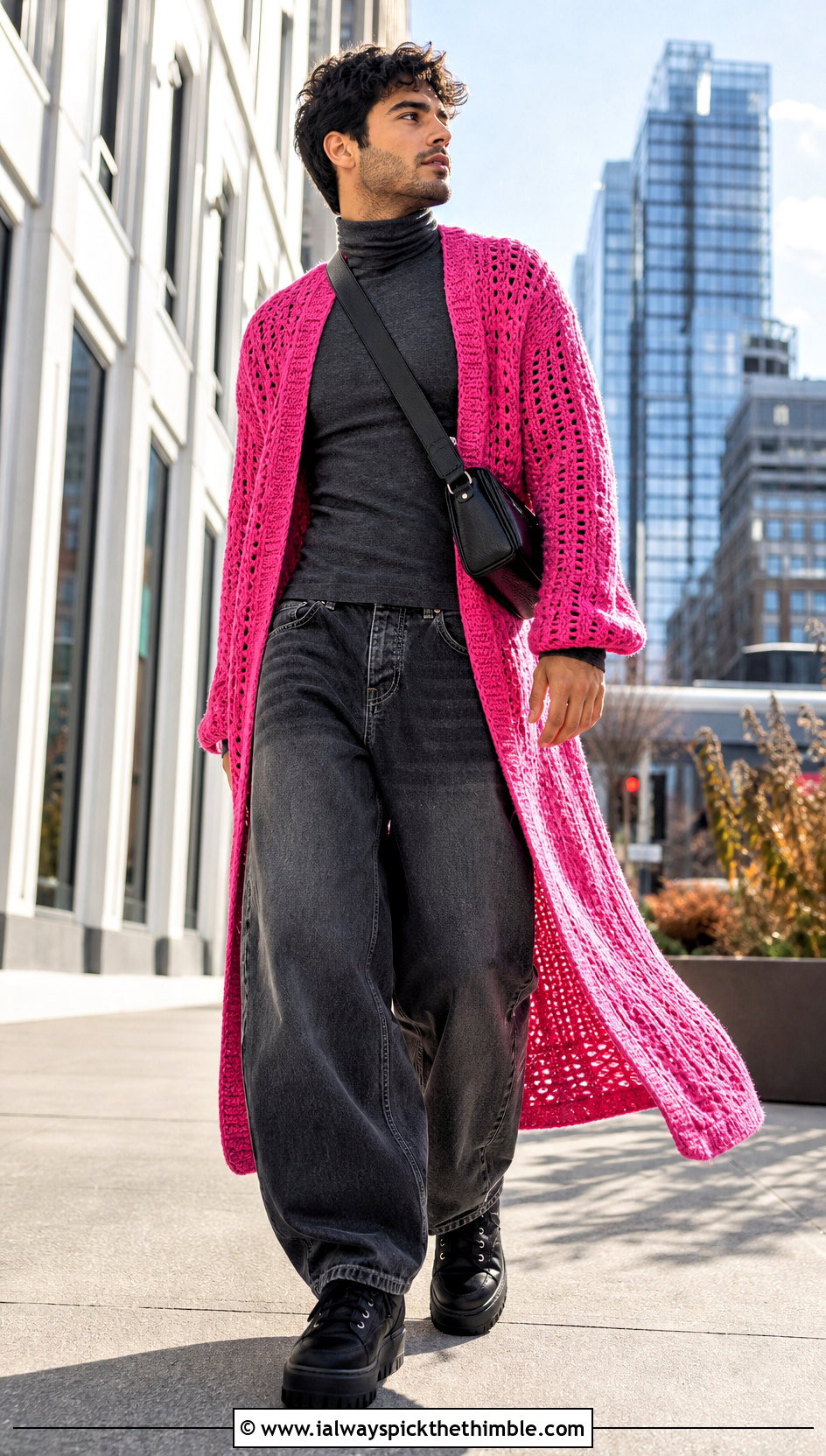 Crochet Duster Cardigan With Turtleneck And Wide Jeans - 25 crochet mens clothes and outfit ideas