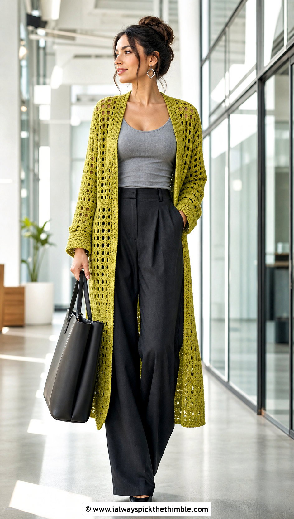 Crochet Duster Cardigan With Wide Leg Trousers - 25 crochet long sweater outfit ideas