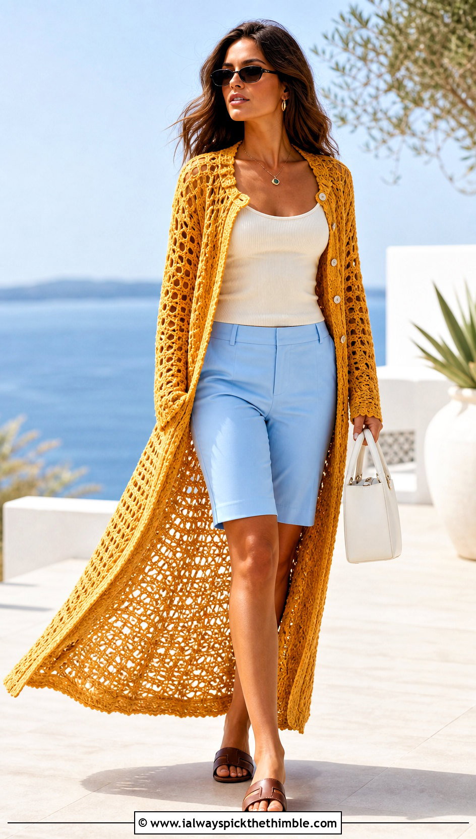 Crochet Duster Chanel Cardigan With Tailored Shorts - 20 Chanel Crochet Cardigan outfit ideas