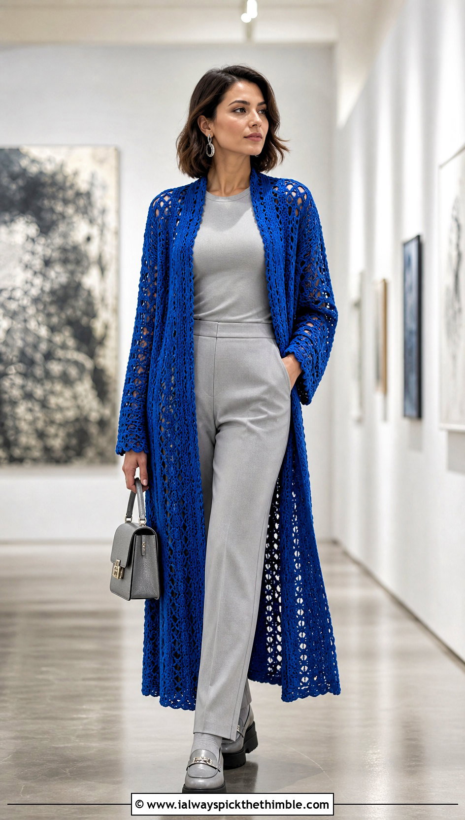 Crochet Duster Sweater Wrap With Monochrome Basics - 20 crochet sweater wrap outfit ideas