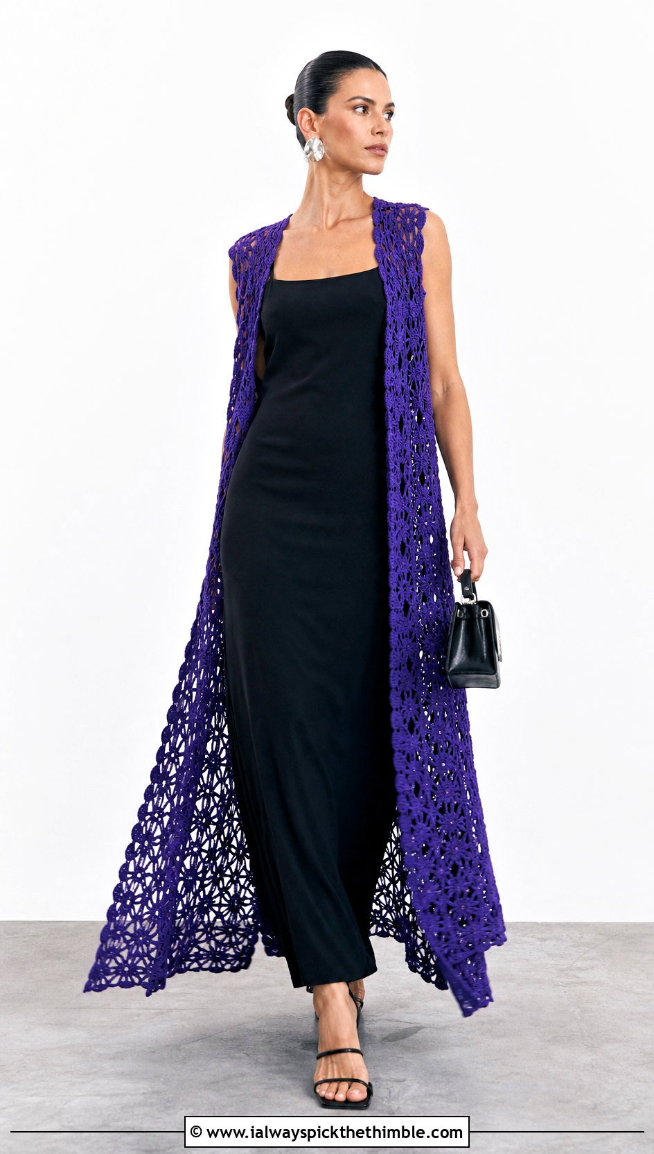 Crochet Duster Vest With Black Column Dress - 25 Crochet Long Vest outfit ideas