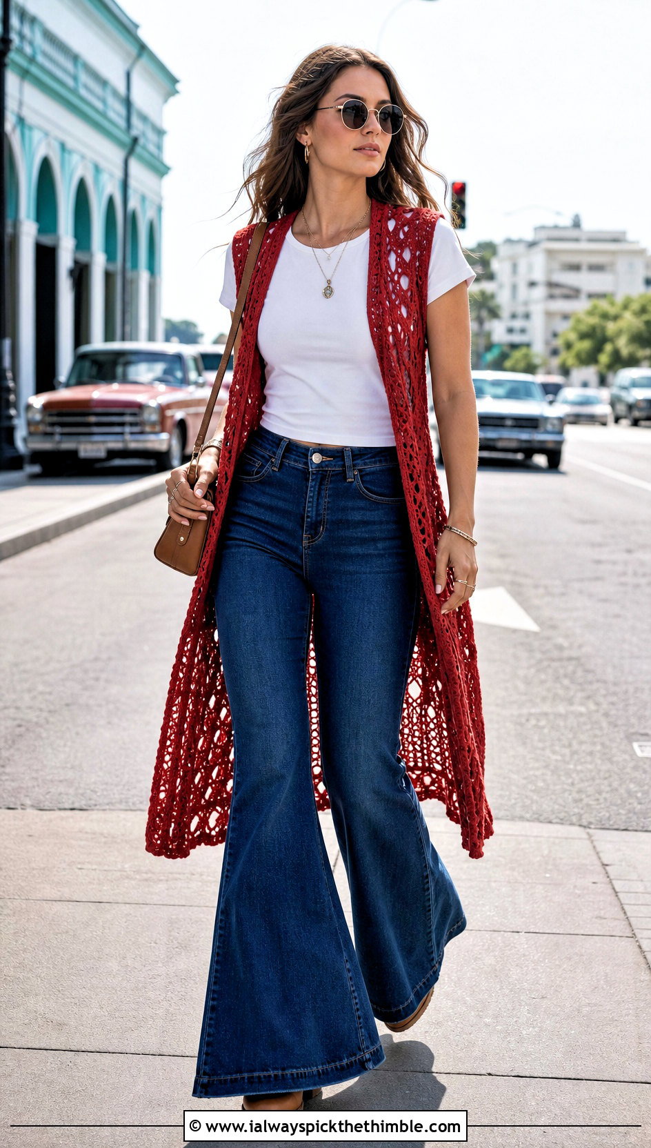 Crochet Duster Vest With T Shirt And Flared Jeans - 25 crochet vest for women outfit ideas