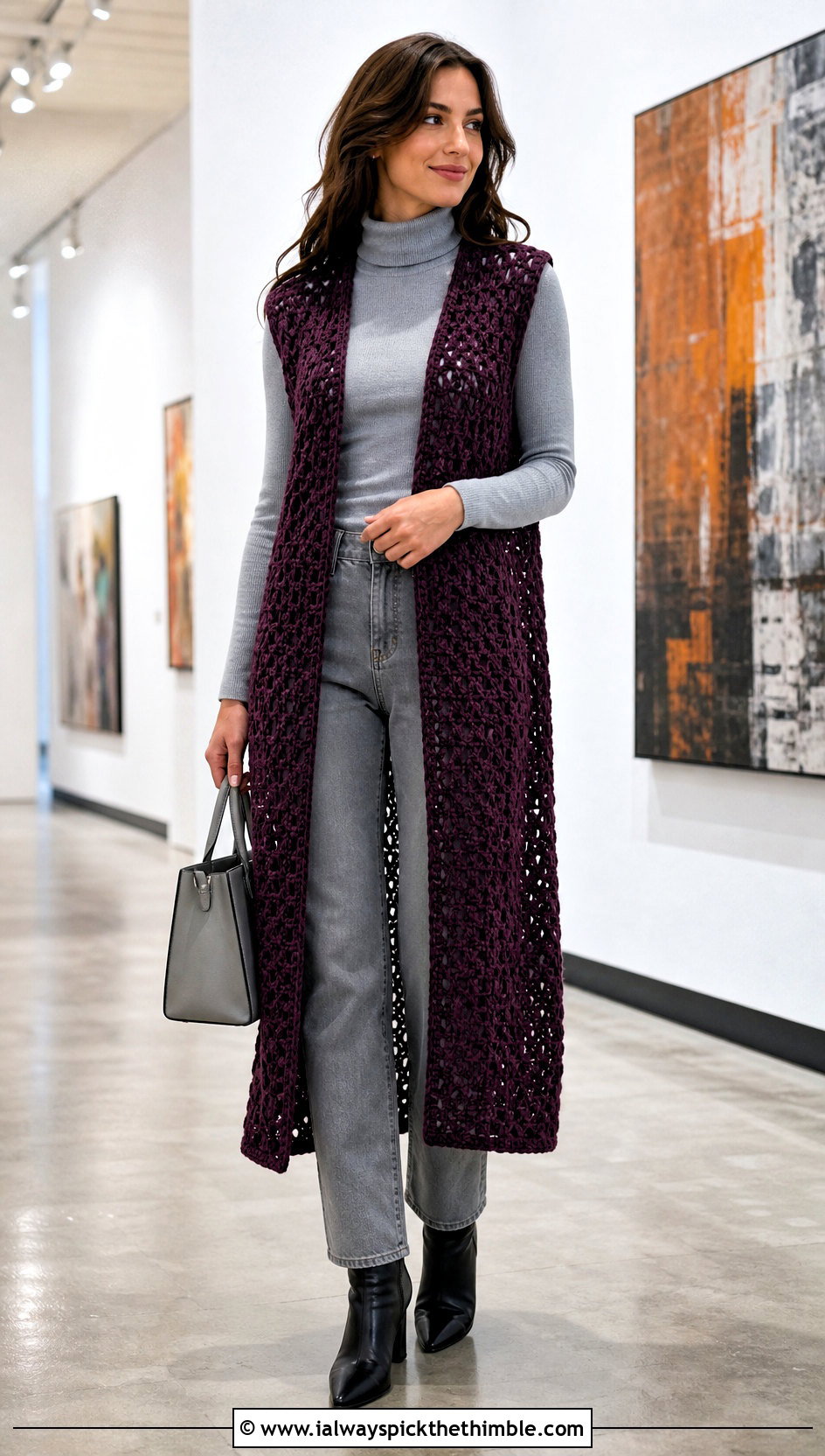 Crochet Duster Vest With Turtleneck And Jeans - 20 Autumn Crochet Outfit ideas