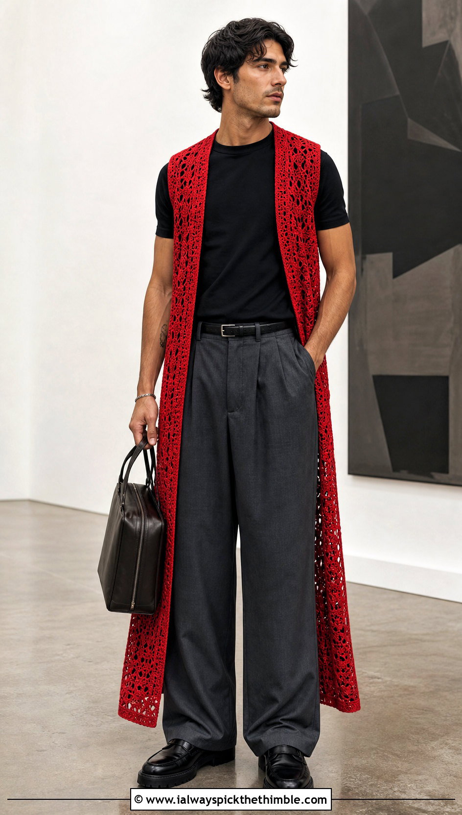 Crochet Duster Vest With Wide Leg Trousers - 20 Crochet Men Clothing and outfit ideas