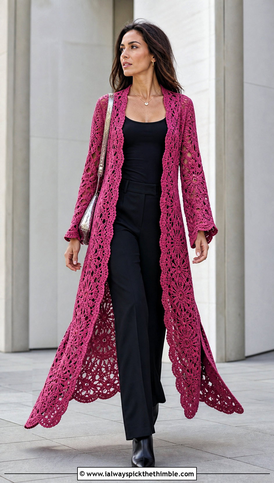 Crochet Duster With Monochrome Column Outfit - 20 Edgy Crochet Clothes and outfit ideas