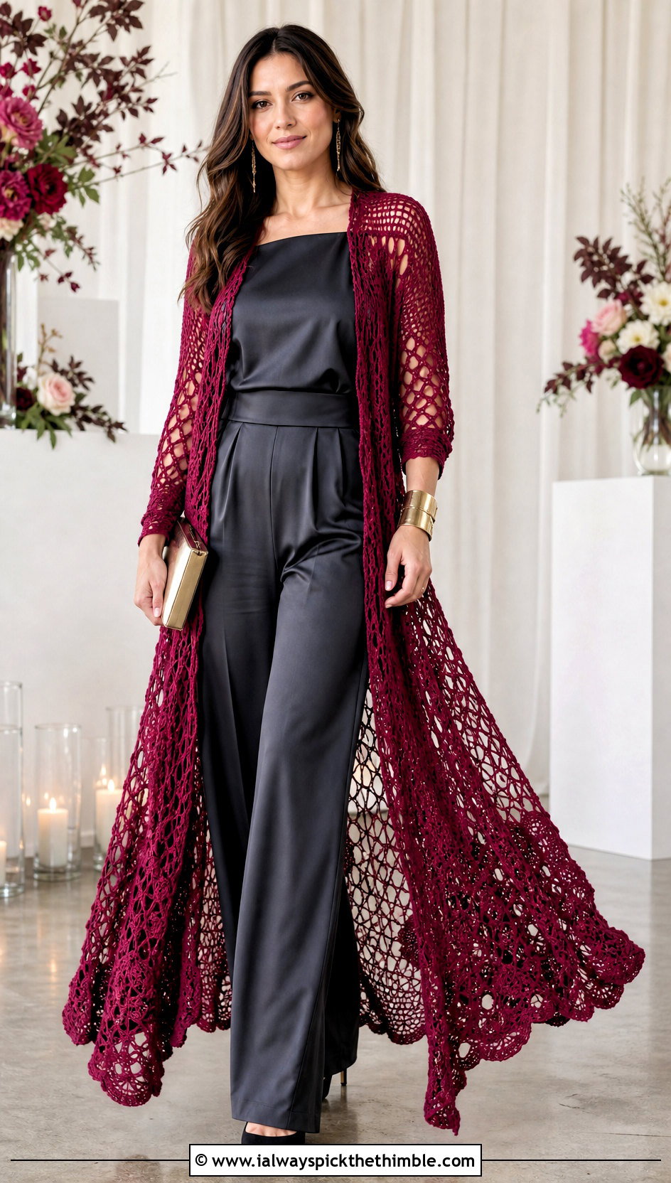 Crochet Duster With Satin Jumpsuit - 20 Crochet Wedding Outfit ideas