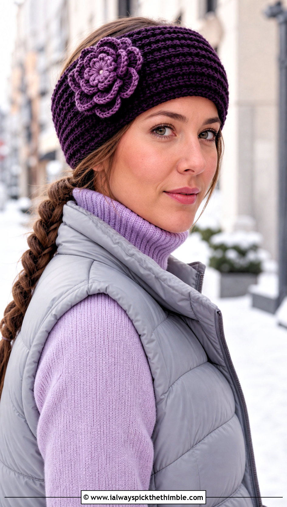 Crochet Ear Warmer Headband With Puffer Vest - 15 crochet headband with purple flower outfit ideas