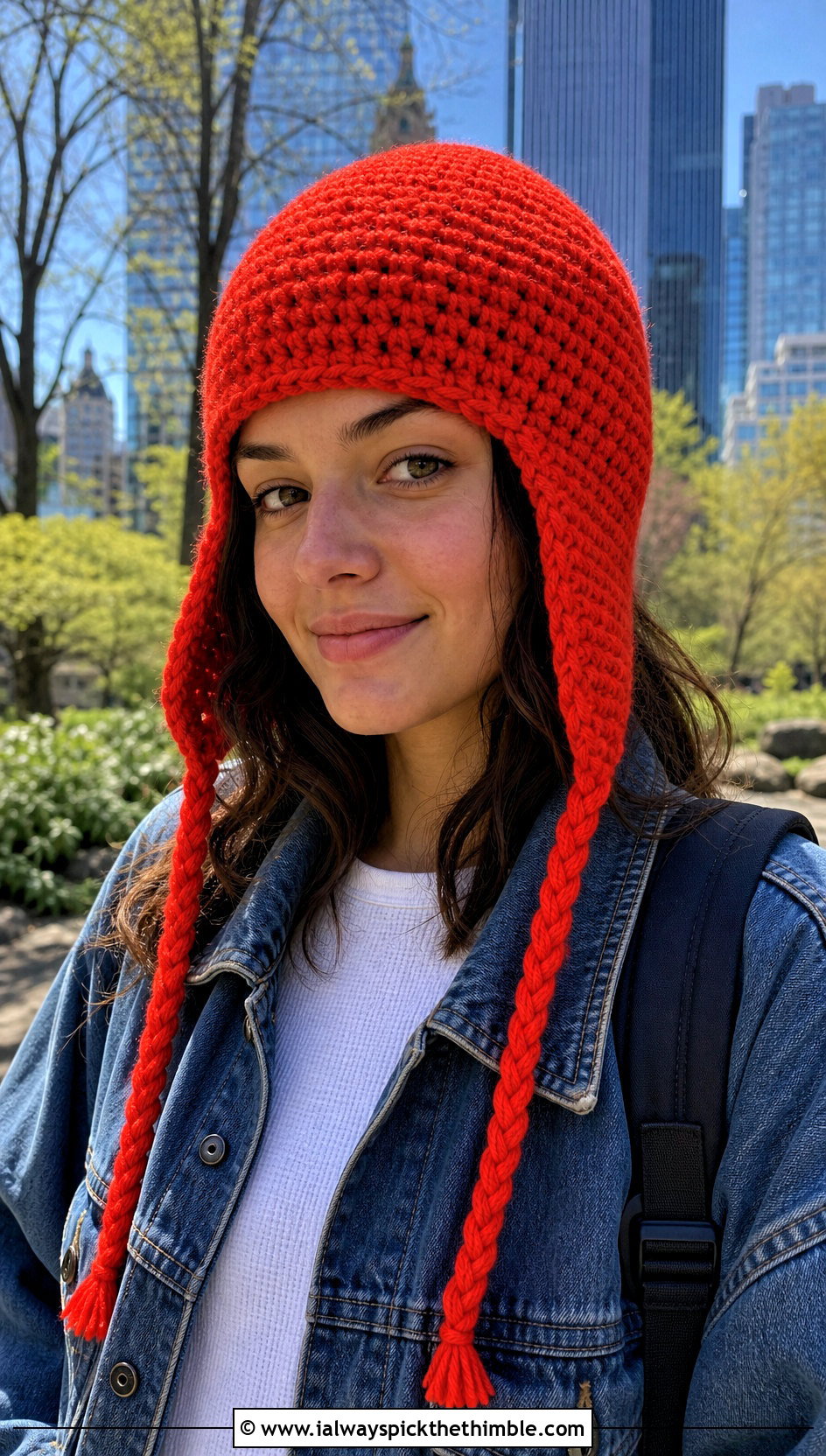Crochet Earflap Beanie With Denim Jacket And Joggers - 20 easy crocheted hats outfit ideas