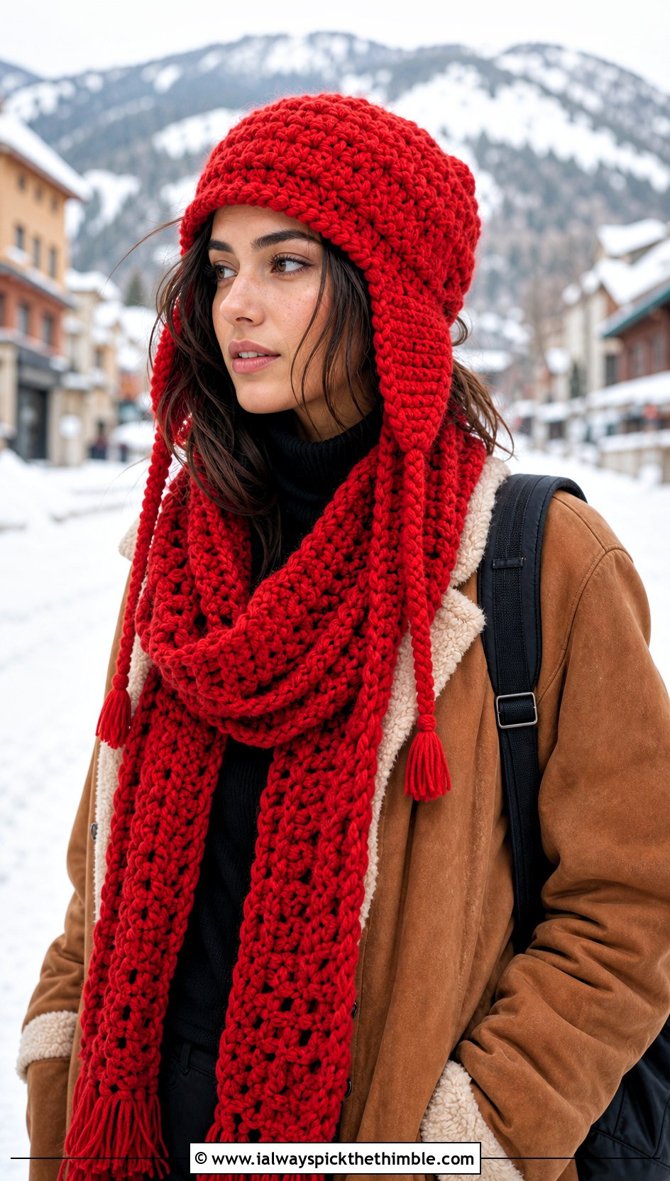 Crochet Earflap Hat And Blanket Scarf With Shearling Coat - 20 crochet hat and scarf outfit ideas