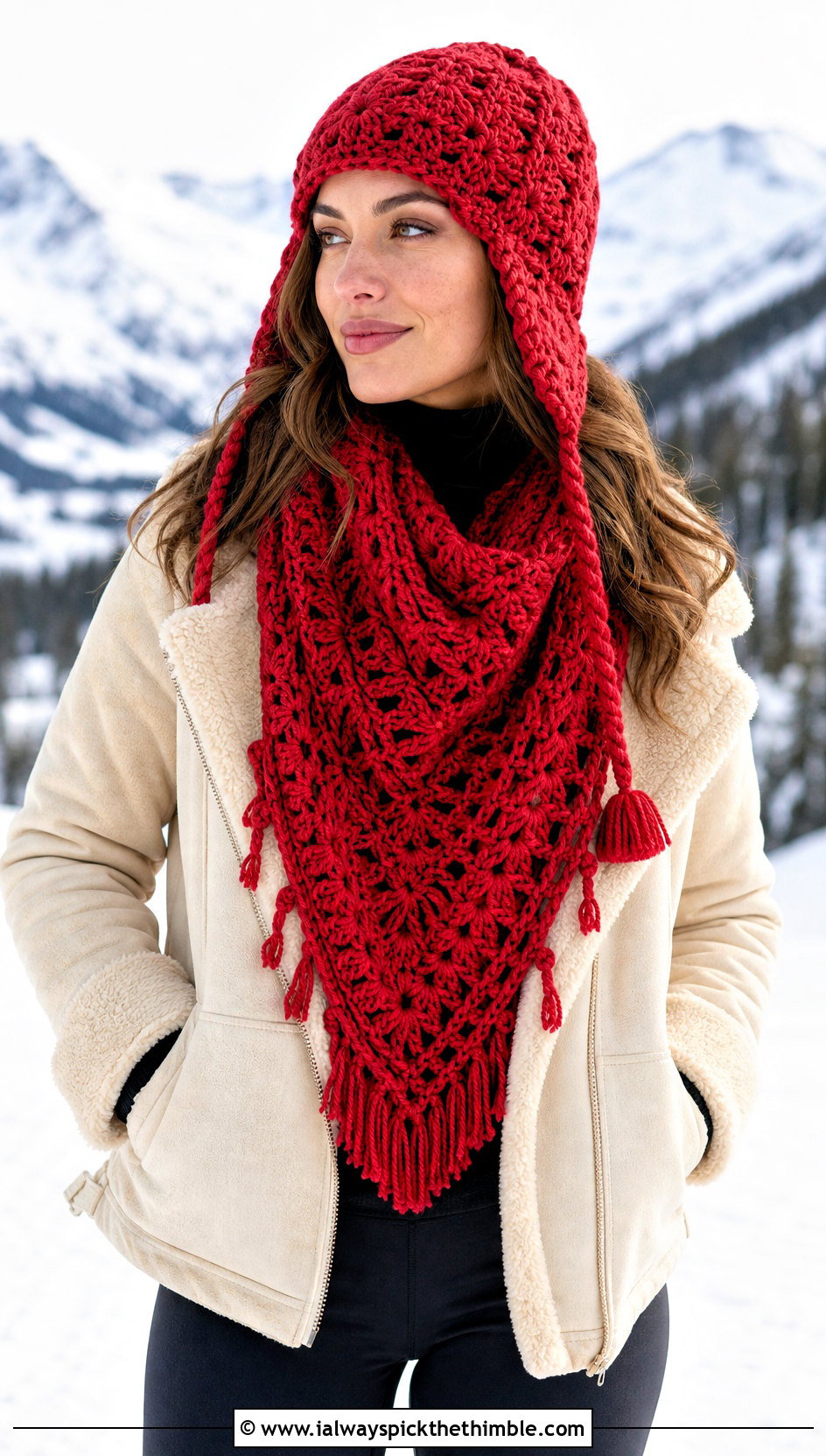 Crochet Earflap Hat And Blanket Scarf With Shearling Jacket - 20 crochet scarf hat combo outfit ideas